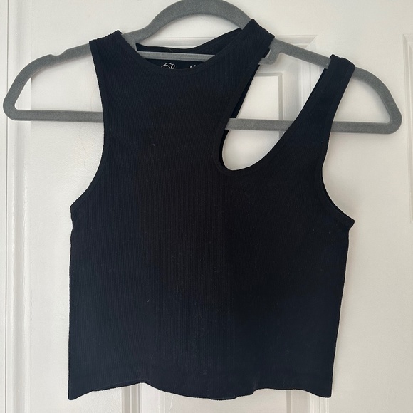 Asymmetrical Neck Rib-knit Crop Top - Picture 2 of 3